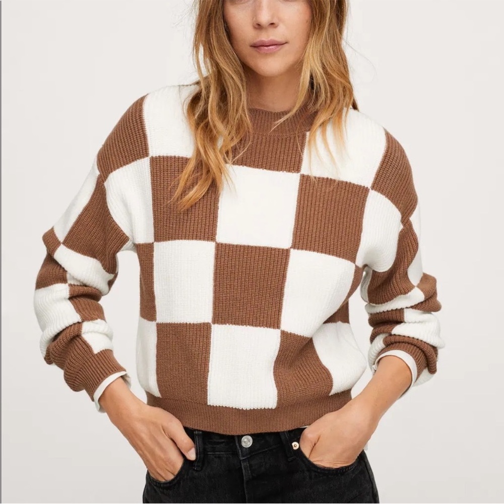 Mango Brown Checkered Sweater